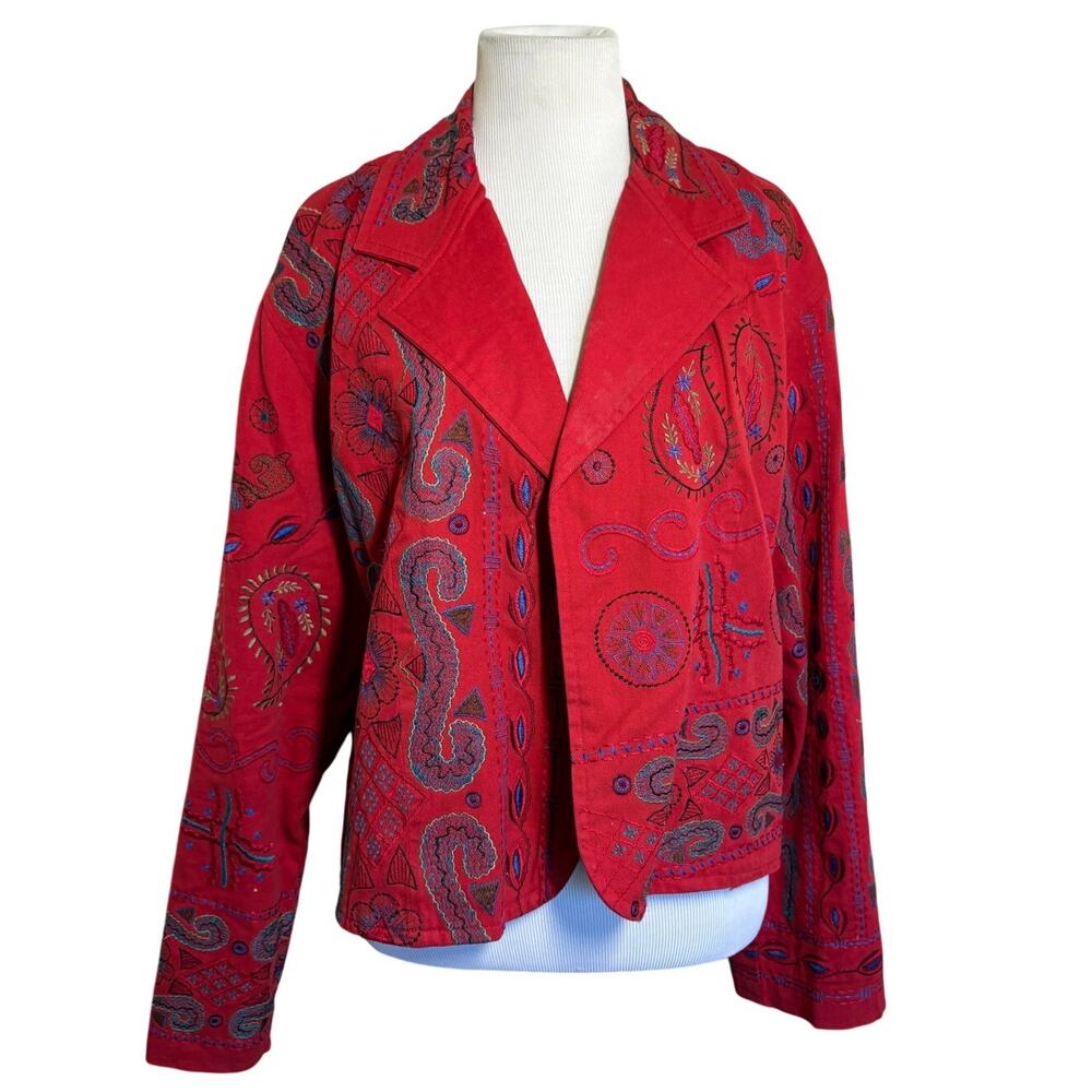 Vintage 90s Anii by Natural Cherry Red Abstract Paisley Embroidered Jacket